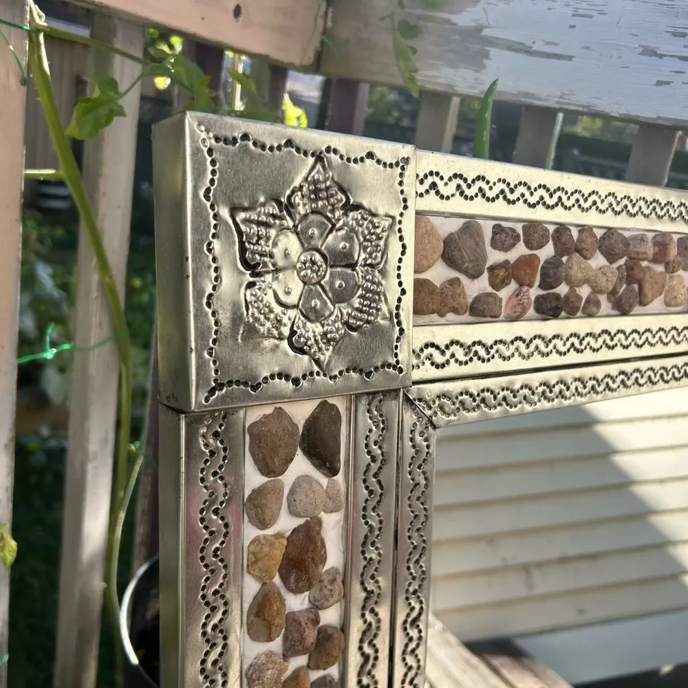 Mexican Tin Mirror Handcrafted - Rocks & Flowers 29" x 25" - Picture 9 of 16